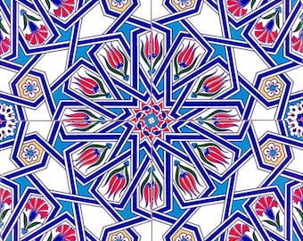 4x Turkish Ceramic Tile, Set of 4, Iznik Ceramic Tiles, Hamam Tile, Kitchen Tile, Stair Tile, 20x20 cm (7.8")