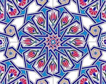 Op de afbeelding: Een kleurrijk geometrisch patroon met blauwe, rode, witte en gele accenten. Het patroon heeft een herhalend ontwerp van gestileerde bloemen en bladeren.
