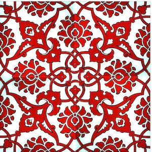 Puede incluir: Un azulejo rojo y blanco con un patrón geométrico repetitivo. El patrón presenta intrincados diseños florales y un motivo central de cuatro círculos conectados.