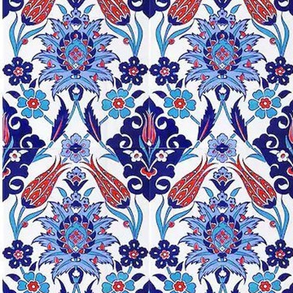 4x Turkish Ceramic Tile, Set of 4, Bathroom Tiles, Hamam Tile, Kitchen Tile,  Wall Tile, Floor Tile, Red, Blue, 20x20 cm