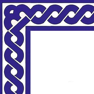 May include: A corner tile with a blue and white geometric pattern. The pattern is made up of interlacing loops.