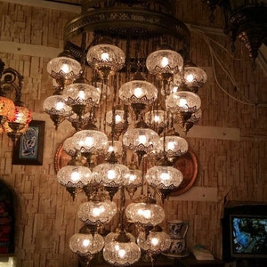 Large Transparent Turkish Chandelier, 36 Lamps, Blown Glass Chandelier, Large Chandelier, Turkish Chandelier