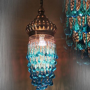 Blue Raindrop Ottoman Chandelier, Brass, Turkish Chandelier