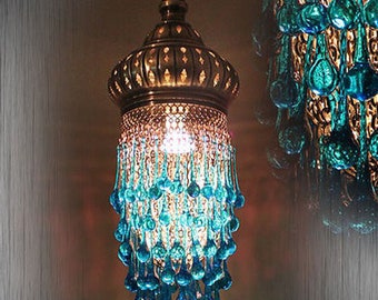 Blue Raindrop Ottoman Chandelier, Brass, Turkish Chandelier