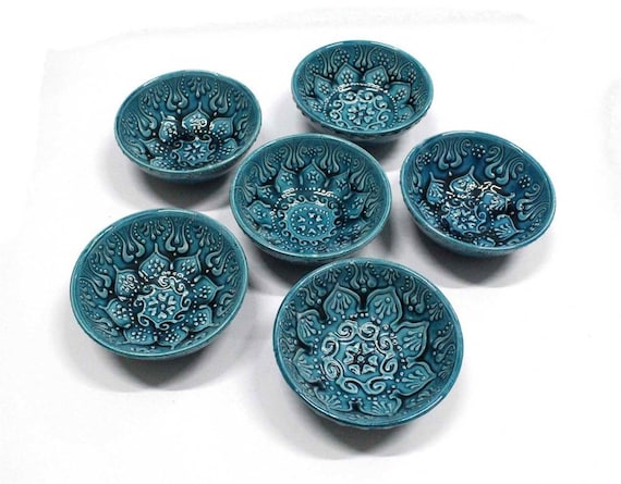 6x Turkish Ceramic Bowls Set of Six, Large Ceramic Bowl Set, Meze Bowl Set,  Mezze Serving Bowl Set of Six, 12 cm Turquoise