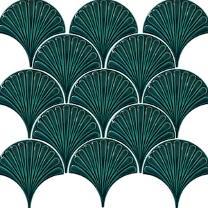 75x Large Teal Tile, Oyster Fish Scale, 17x17 cm each (6.6&quot;), Fish Scale Ceramic Tile, 1 sqm (10.7 sq ft), Green, SPA, Restaurant Tiles