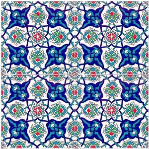Puede incluir: Un azulejo blanco con un patrón repetitivo de diseños florales azules, verdes y rojos. El azulejo tiene un estilo turco tradicional.