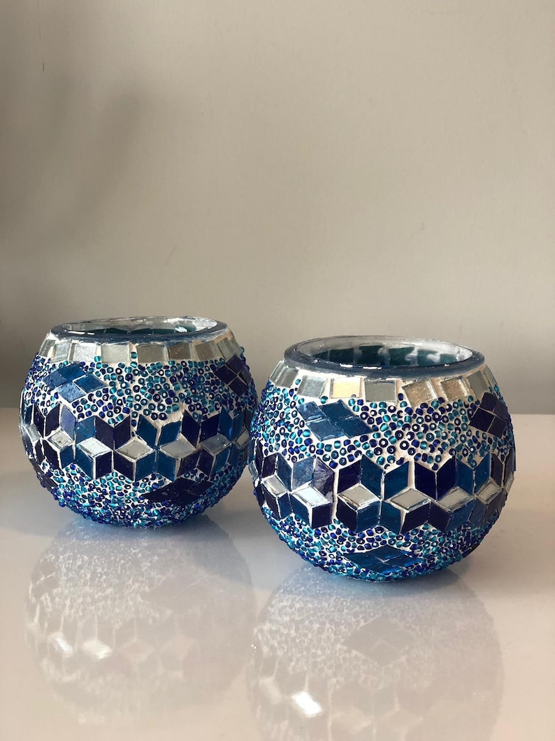 Turkish Mosaic Candle Holder Set of Two Blue Candle Holder Etsy