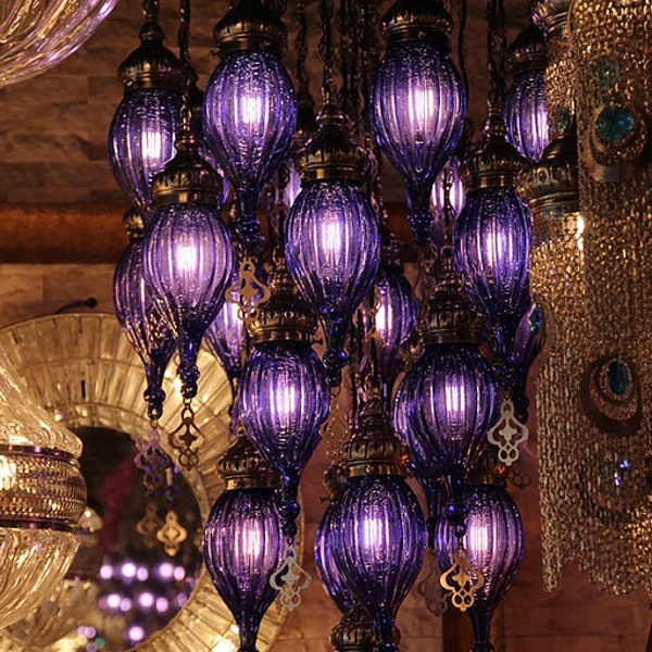 Fioletowy turecki żyrandol, 25 lamp, żyrandol ze szkła dmuchanego, duży żyrandol, turecki żyrandol
