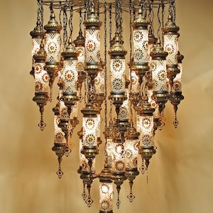 Großer türkischer Kronleuchter im Laternenstil, 35 Lampen, Kronleuchter aus mundgeblasenem Glas, großer Kronleuchter, türkischer Kronleuchter
