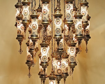 Large Lantern Style Turkish Chandelier, 35 Lamps, Blown Glass Chandelier, Large Chandelier, Turkish Chandelier