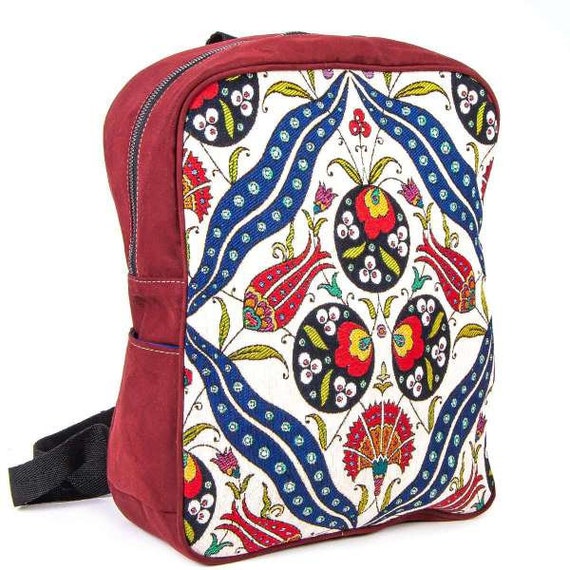 Bohemian Red and Yellow Patterned Backpack Turkish made with Kilim woven fabric Vintage Kilim Backpack, Wool and Leather Knapsack, Unisex  main image 2