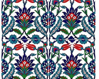 4x Turkish Ceramic Tile, Set of 4, Iznik Ceramic Tiles, Hamam Tile, Kitchen Tile, Stair Tile, 20x20 cm (7.8")