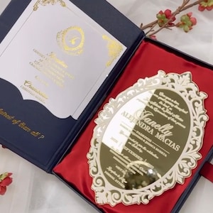 14.00 Free Shipping Personalized Custom Acrylic Gold Clear Mirrored Wedding Invitations Quinceanera Quince White Snow White Navy Red princes