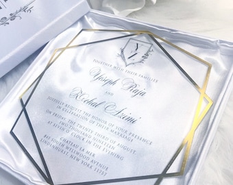 14.00 Free Shipping Personalized Custom Acrylic Clear Glass White Frost Gold Geometric Themed Luxury Wedding Formal Invitation Set Suite