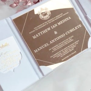 20.50 Personalized Velvet folio boxed wedding invitation suite mirrored custom bespoke mirrored acrylic quince white gold invite suede