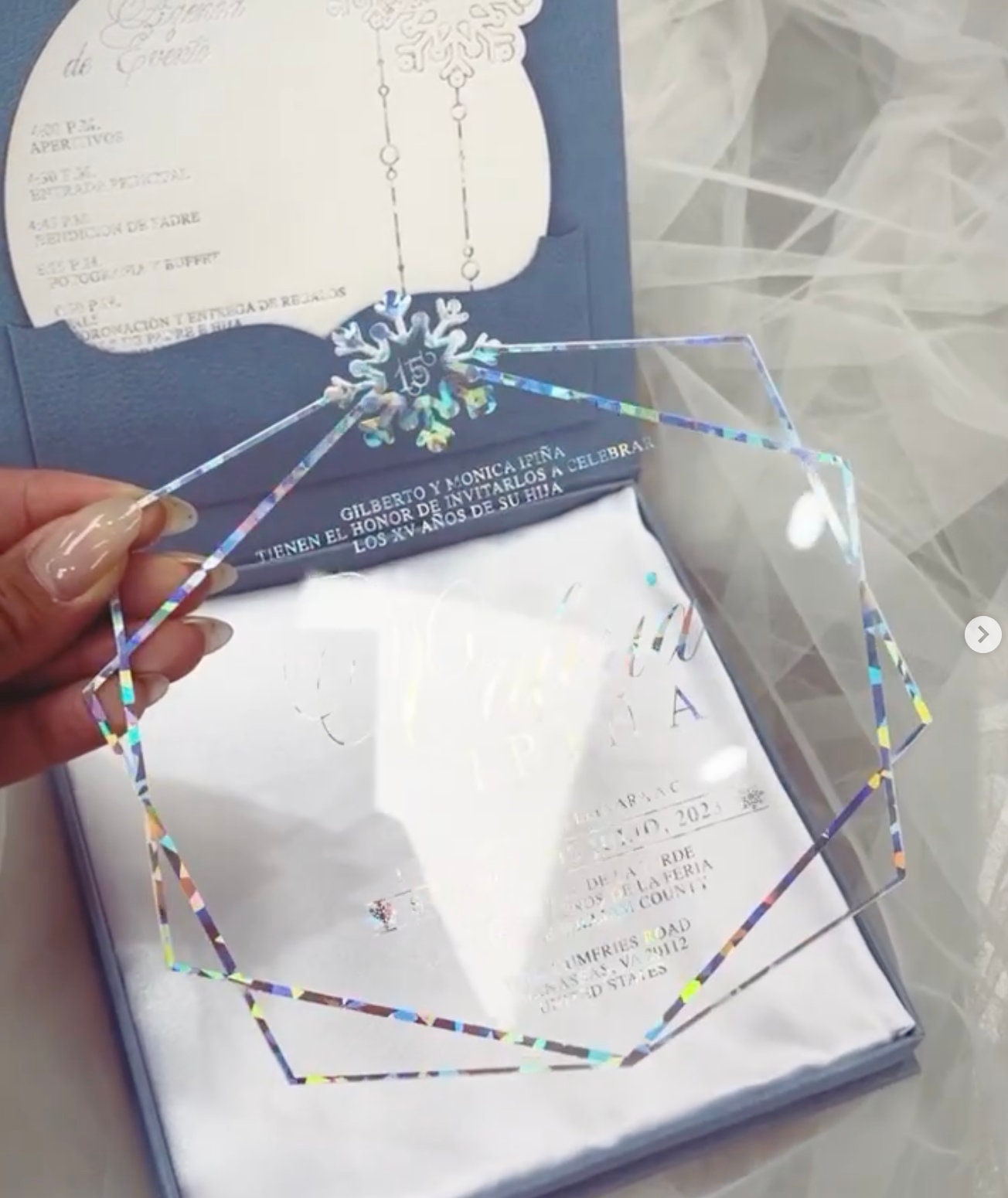 1400 Free Shipping Personalized Custom Acrylic Winter Wonderland Holographic Blue Silver Invitation White Shimmer Quinceanera