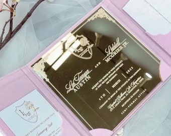20.50 Personalized Velvet folio boxed wedding invitation custom bespoke mirrored acrylic glass regal quince blush floral white pink invite