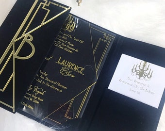 20.50 Free Shipping Great Gatsby Art Deco Modern Geometric Flapper Black Velvet Folio Custom Acrylic Clear Gold Foil Wedding Invitation 1920