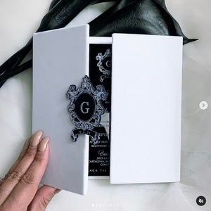 20.50 Personalized Velvet folio boxed wedding invitation custom bespoke mirrored acrylic glass regal quince black white modern invite