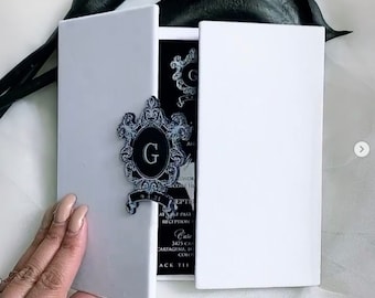 20.50 Personalized Velvet folio boxed wedding invitation custom bespoke mirrored acrylic glass regal quince black white modern invite