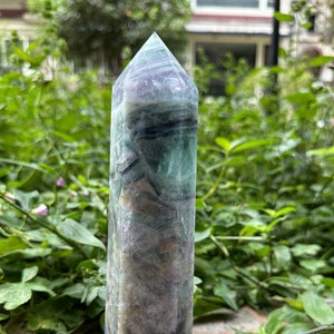 8.6"Big Green Purple Fluroite Obelisk/Green Fluorite Tower/Huge Fluorite Wand/969g Point/Fluorite Specimen/Collectible Fluorite Exhibit