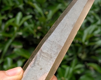 May include: A long, translucent, light brown smoky quartz crystal point with a hexagonal shape and a pointed tip. The crystal exhibits natural internal inclusions and a smooth, polished surface texture, reflecting light along its elongated facets.