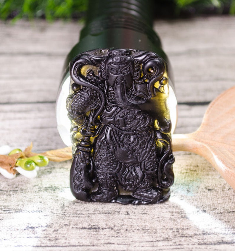 Black Obsidian Hand Carved Guan Yu Figurine,Sculpture of the Guan Yu Carving,Black Obsidian Crystal,Decor,Reiki,Necklace,Pendant