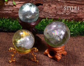 Two styles of fluorite balls, light green fluorite and purple green fluorite spheres, healing power