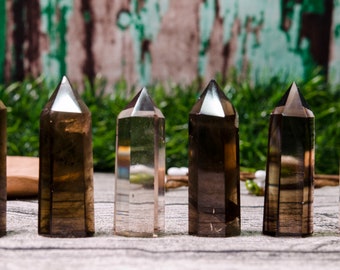 Clear Smoky Crystal Tower,Smoky Crystal Quartz Point,Healing Crystal Tower,Smokey Crystal Quartz Tower, Gemstone Wand Obelisk Crystal