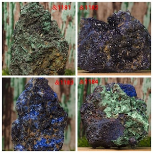 Puede incluir: Cuatro imágenes de primer plano de diferentes especímenes minerales azules y verdes. Los especímenes son ásperos y tienen una variedad de texturas.