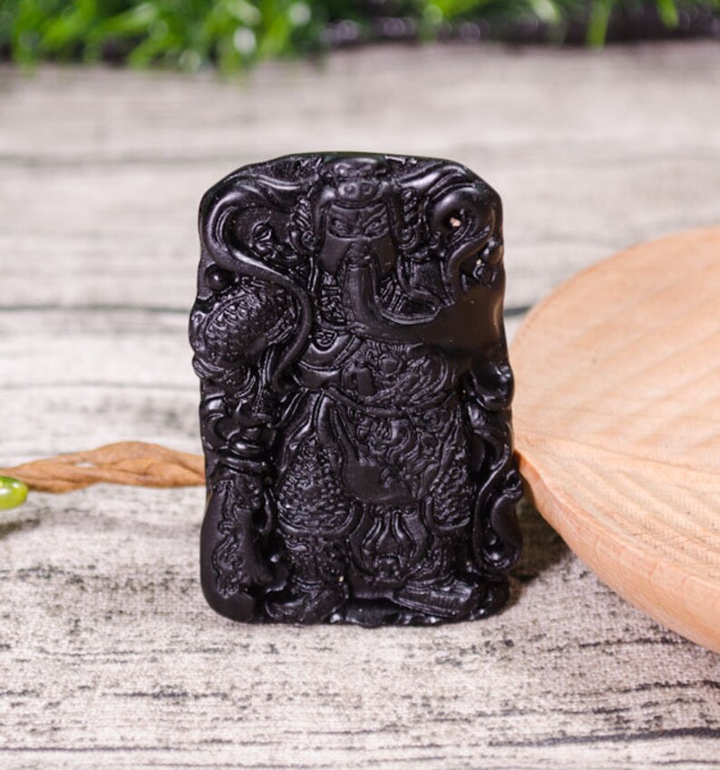 Black Obsidian Hand Carved Guan Yu Figurine,Sculpture of the Guan Yu Carving,Black Obsidian Crystal,Decor,Reiki,Necklace,Pendant