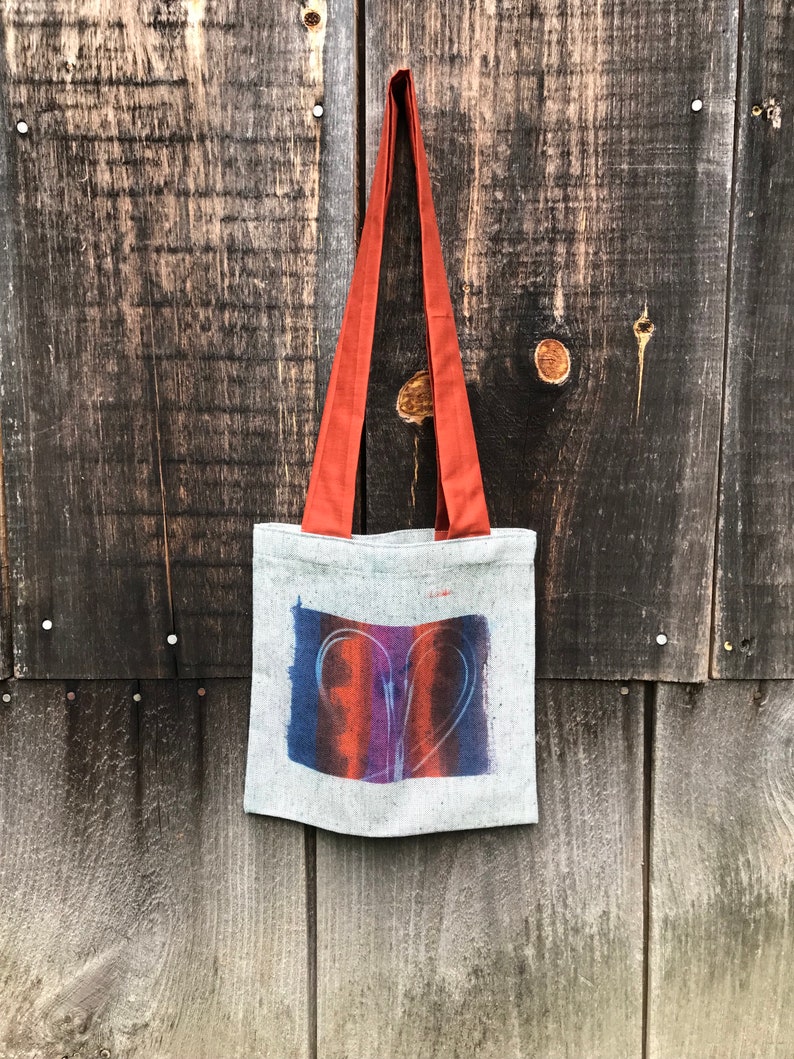 Heart Tote Bag, Garlic Tote, Cyanotype Tote, Sun Print Garlic Scape Bag Tri Color Vertical