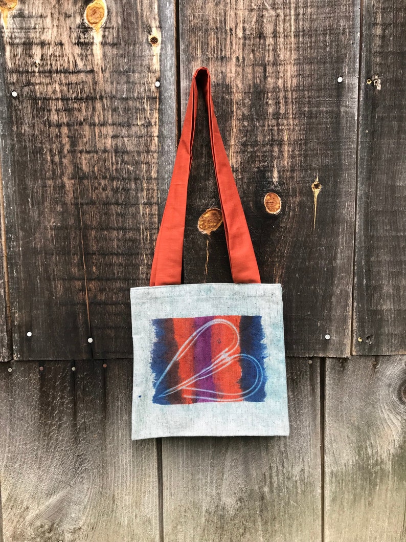 Heart Tote Bag, Garlic Tote, Cyanotype Tote, Sun Print Garlic Scape Bag Tri Color Horizontal