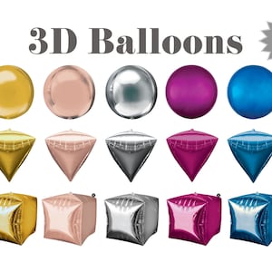 May include: Assortment of 15 inch 3D balloons in gold, rose gold, silver, purple, and blue. The balloons are shaped as circles, diamonds, and cubes.