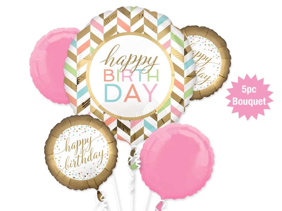 Happy Birthday Balloon Bouquet 5pc | Gold and Pink Birthday Balloons ...