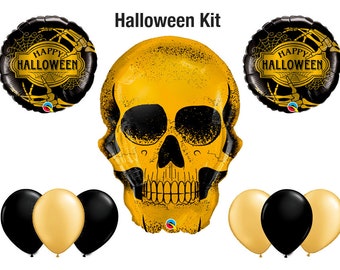 Happy Halloween Balloon Bouquet | Halloween Balloon Bouquet, Skull Foil, Gold and Black Party Supplies, Trick or Treat Balloons, Party Decor