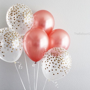 Rose Gold Confetti Balloon Bouquet 6ct | Rose Gold Theme Balloons Gold Confetti Printed Balloons Clear Confetti Printed Balloons