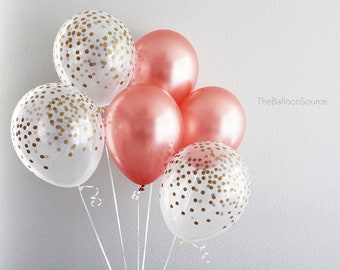 Rose Gold Confetti Balloon Bouquet 6ct | Rose Gold Theme Balloons Gold Confetti Printed Balloons Clear Confetti Printed Balloons