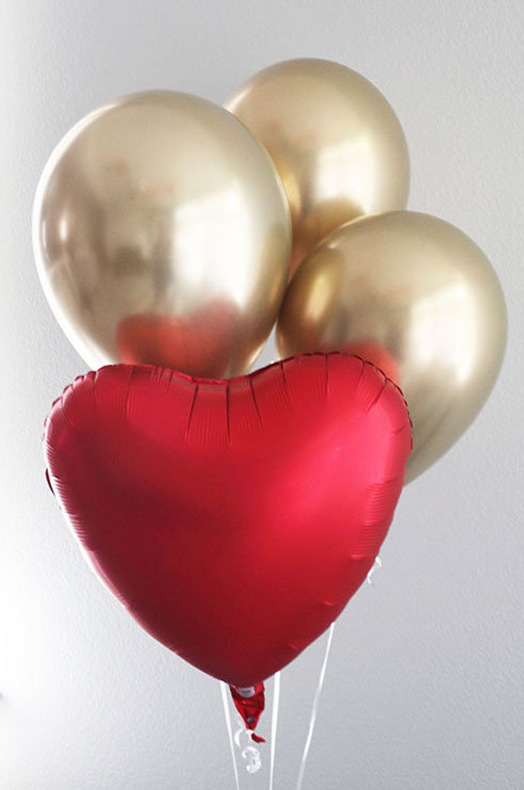Red Satin Heart Chrome Gold Balloon Bouquet | 4pc Love Balloons ...