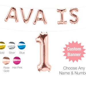 Benutzerdefinierte Geburtstagsbanner-Luftballons | Name ist One Banner Personalisierte Ballon Banner Rose Gold Silber Magenta Blau Jungen oder Mädchen Geburtstag Dekor