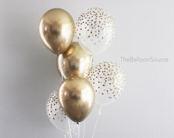 Chrome Gold Confetti Balloon Bouquet 6ct | Gold Theme Balloons Gold Confetti Printed Balloons Clear Confetti Printed Balloons