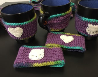 Hearts and Cats Mug Cozy / Cozy Cup Warmer / Tea Cozy / Mug Sweater / Crochet Mug Cozy