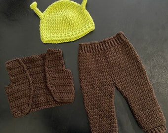 Shrek Inspired Costume/Shrek Crochet Outfit/Photo Prop Newborn to 12 Months- MADE TO ORDER