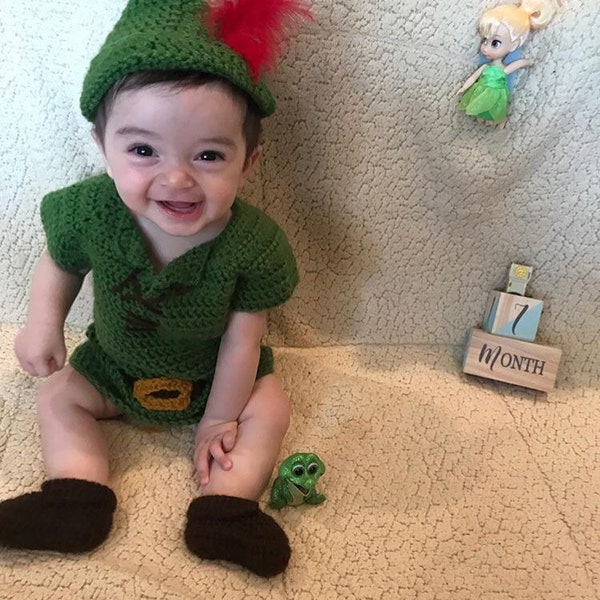 Peter Pan Inspired Costume/ Peter Pan Crochet Outfit/Disney Inspired Photo Prop Newborn to 24 Months- MADE TO ORDER