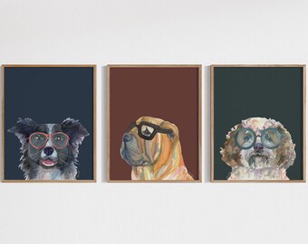 May include: Three framed illustrations of dogs wearing sunglasses. The dogs are a black and white border collie, a brown shar-pei, and a white poodle. The backgrounds are navy blue, maroon, and dark green.