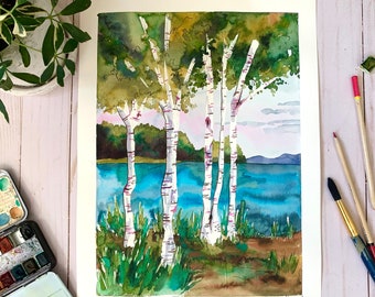 Birch Tree Watercolor Art Print: Northern Michigan Landscape