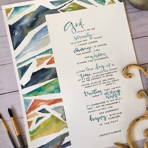 Serenity Prayer Art - Hand lettered Watercolor Serenity Prayer Print. Sobriety Gift. Serenity Prayer Watercolor. Watercolor Prayer.