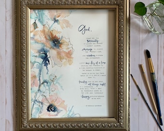 Floral Serenity Prayer Art Print: Hand-Lettered Watercolor (11x14)