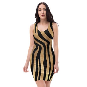 Sexy Hotwife Zebra Dress, Gold-colored stripes on black, with Hotwife text in gold color on the stripes. image 1